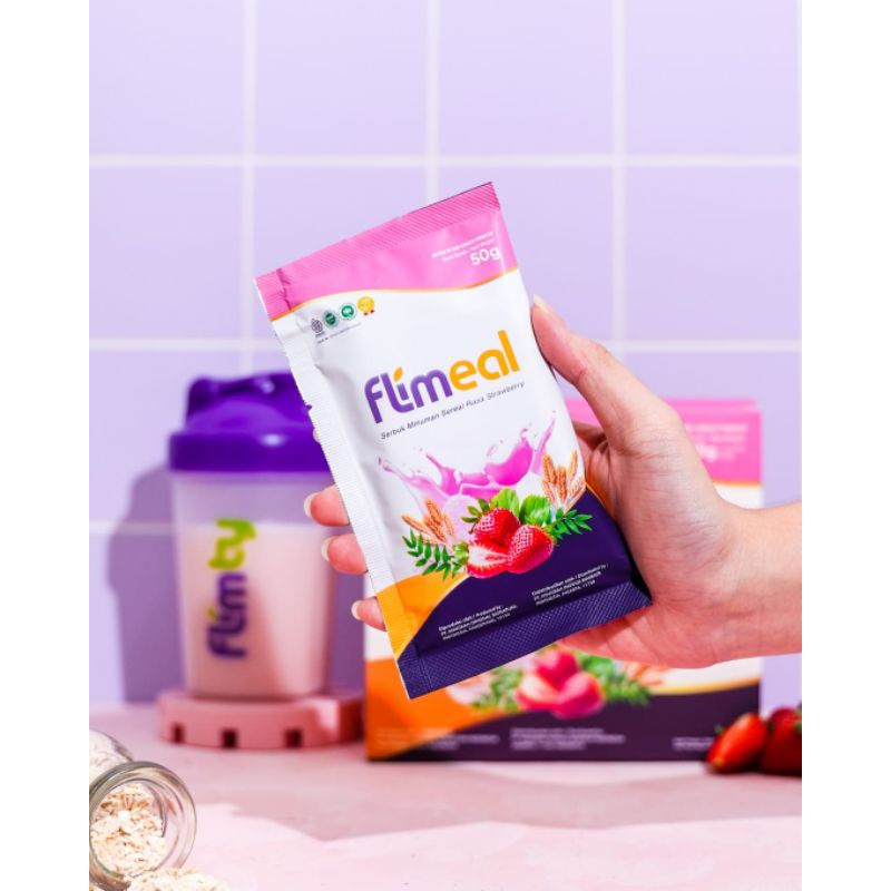 Flimeal (Meal Replacement) - 1 Box (Isi 12 Sachet) - Strawberry Beli 2 Box Free Shaker Rasa Bisa Mix