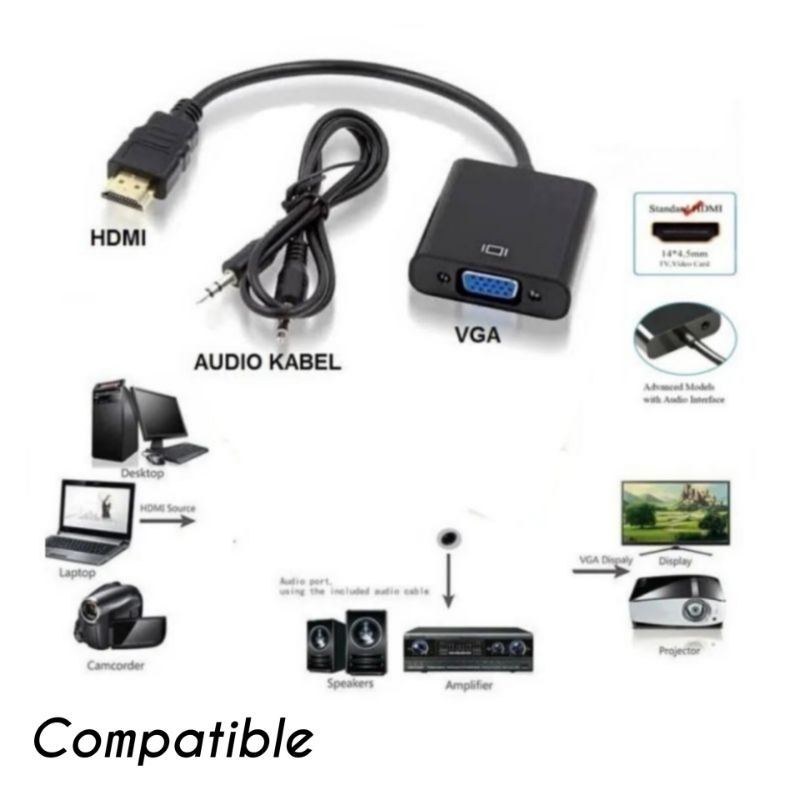 CONVERTER HDMI MALE TO VGA FEMALE WITH AUDIO + KABEL VGA 1.5 METER UNTUK PENGHUBUNG LAPTOP KE PROYEKTOR