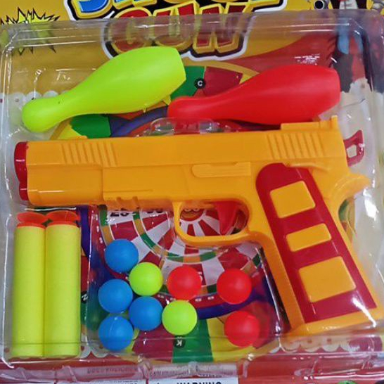 Mainan Bolling Pistol Shoot Gun 2in1 Dua Model Peluru Busa dan Peluru Biasa