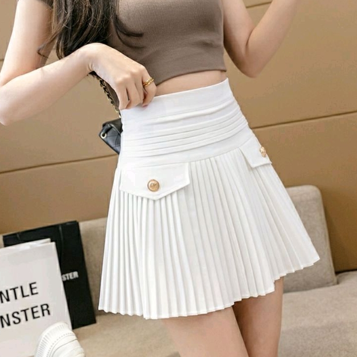 5577 Rok pendek mini skirt PLEATED PLISKET Korea Korean style hitam putih polos wanita import Bangko