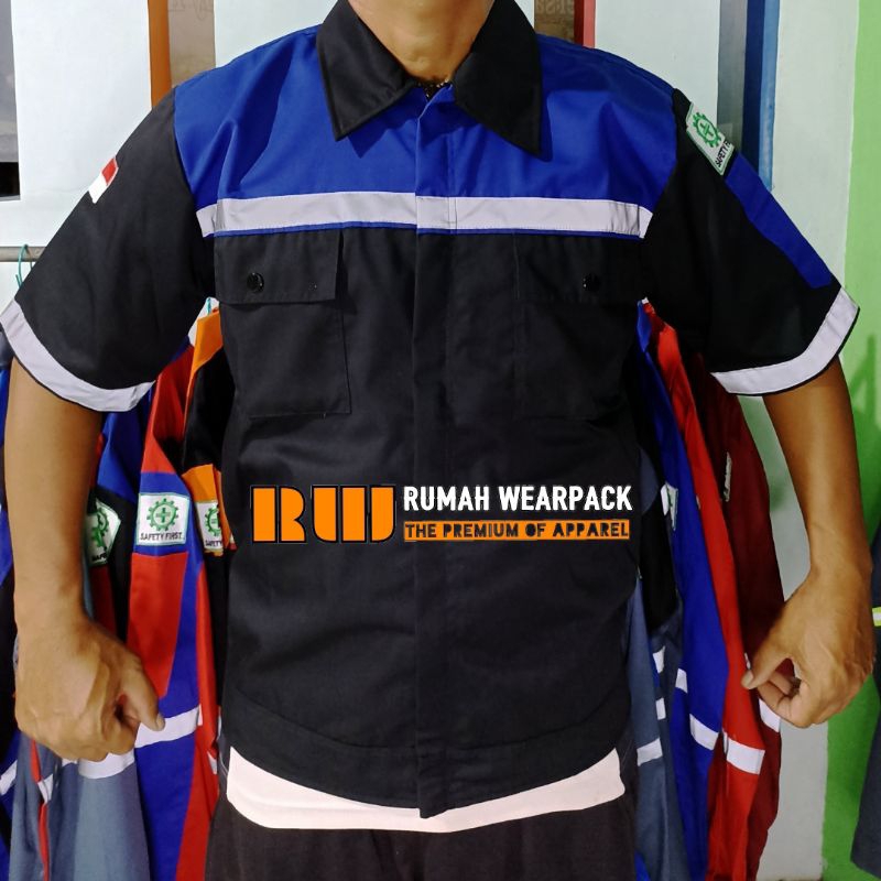 Wearpack Kerja/ Baju Proyek Lengan Pendek Warna Hitam Kombinasi Biru Benhur