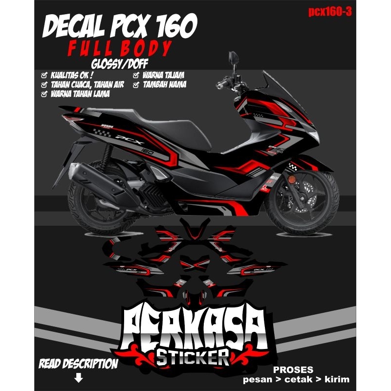 decal pcx 160 full body  kombinasi hitam merah abu kerenn (pcx160-3) -perkasa sticker-