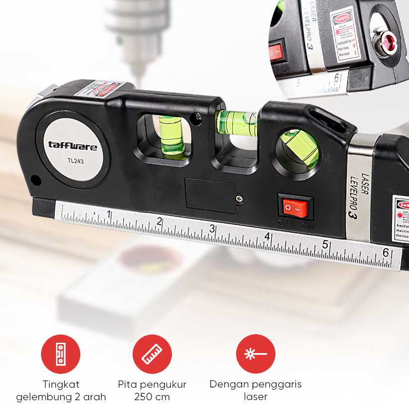 S7D Penggaris Laser Meteran Horizontal 250CM + Waterpass Elektric || Alat Pertukangan Perkakas Baran
