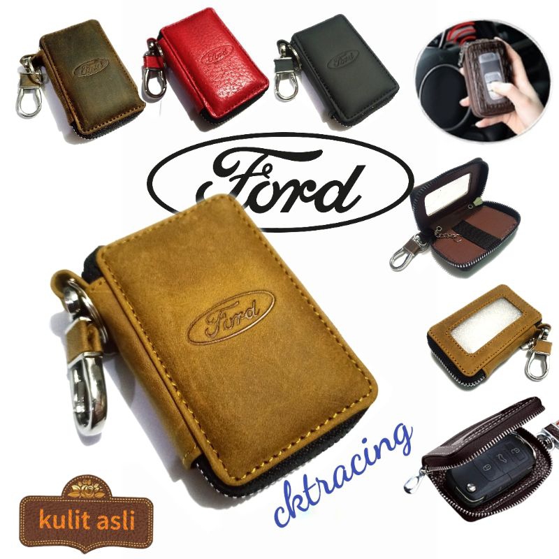 dompet kunci remote keyless mobil Ford kulit asli transparan Zipper dompet STNK