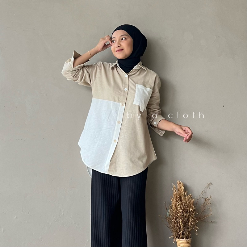 Rola Two Tone Shirt - Kemeja Oversize Linen Wanita - Kemeja Linen - Oversized Shirt Linen