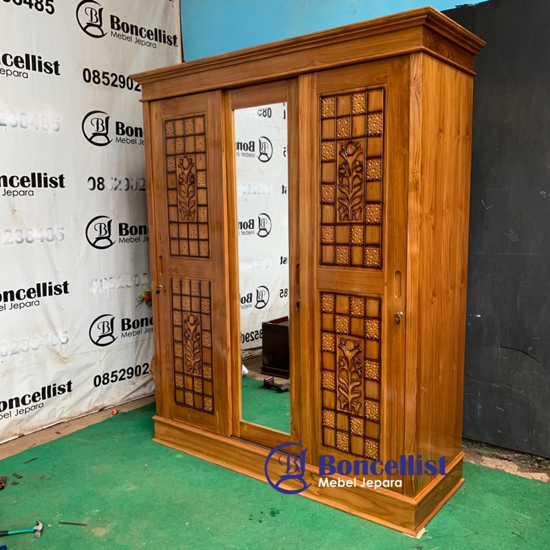 lemari pakaian mix ukiran sliding door kayu jati mebel Jepara