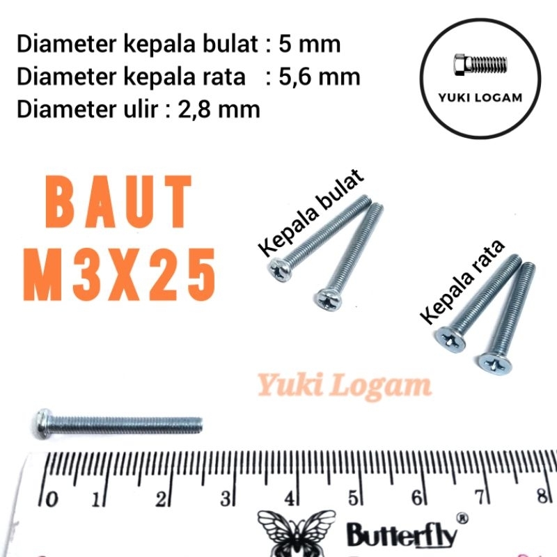 100 pcs Baut M3x25 kepala bulat atau rata panjang 2,5cm