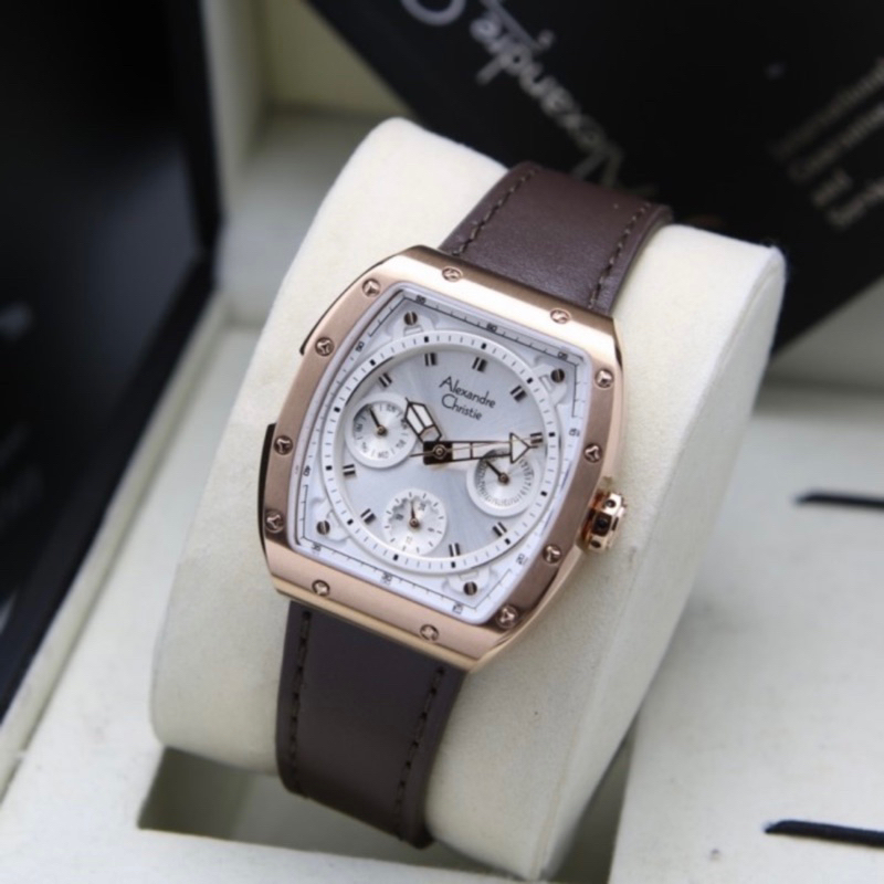 Jam tangan wanita alexander cristie original ac6411 rose gold plat putih leather brown