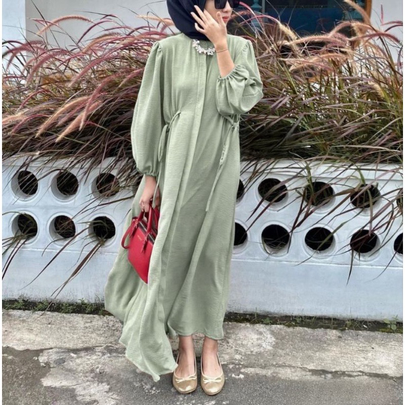 Hazzel Dress Polo Linen Gamis Wanita Tali Samping Full Kancing Fashion Muslim Kekinian Bestseller