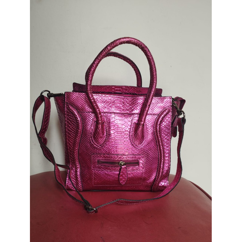 Preloved ala celine no fake no kw no brand pink fushia fanta tas kerja wanita banyak ruang kulit asl