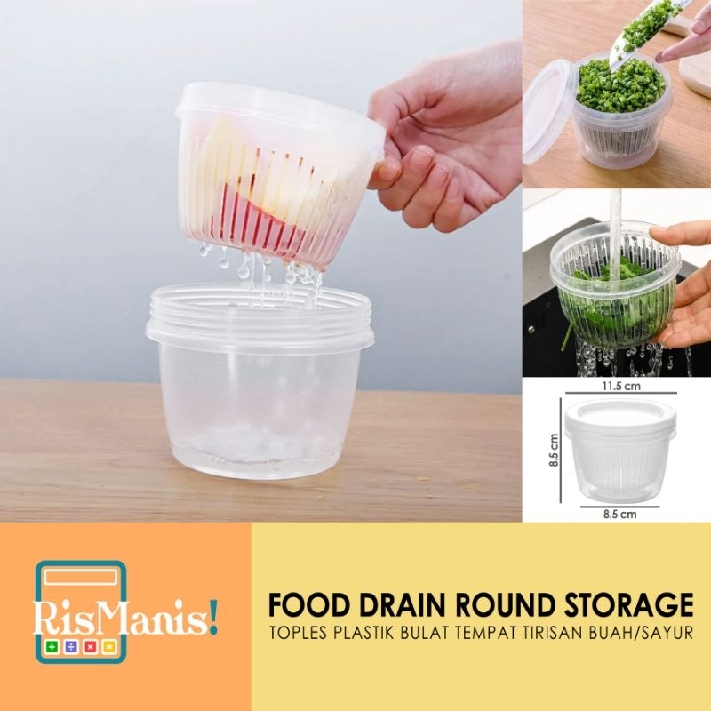 FOOD DRAIN ROUND STORAGE - Toples Plastik Bentuk Bulat Penyaring Air Cucian Wadah Dapur Tempat Tirisan Sayur Potongan Daun Bawang Saringan Peniris Buah Penutup Kedap Udara Anti Tumpah Box Bumbu 2 Layer Kotak Penyimpanan Kulkas Lemari Es 2 Lapis