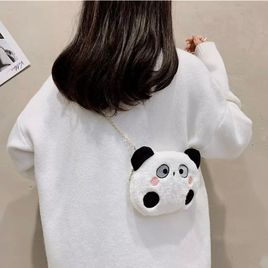 Tas Selempang Wanita Boneka Panda Tas bulu selempang bahu boneka kepala Panda