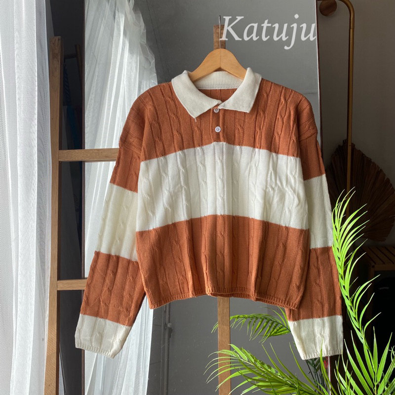 SWEATER CROP TOP CABLE STRIP KANCING KERAH KNIT PREMIUM CABLE KOREAN STYLE