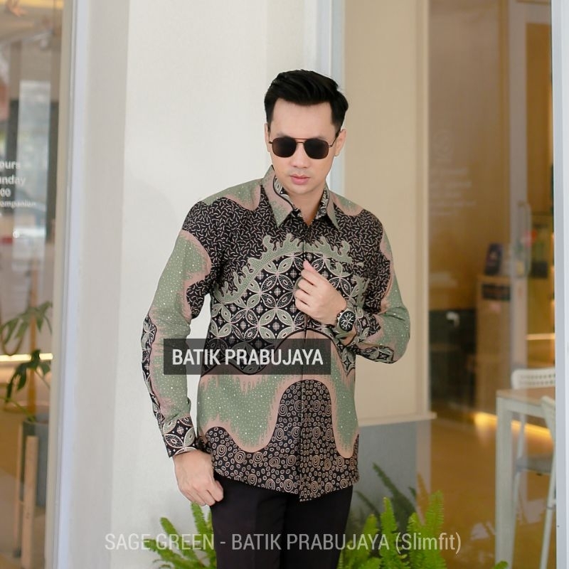 SAGE GREEN Kemeja Batik Pria Modern Slimfit Lengan Panjang Terbaru Hijau Sage - Baju Hem Batik Pria Cowok Kondangan Pesta Kerja