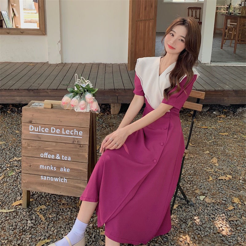 D2-199 Korean vintage dress lengan pendek / Gaun Midi manis bentuk A line