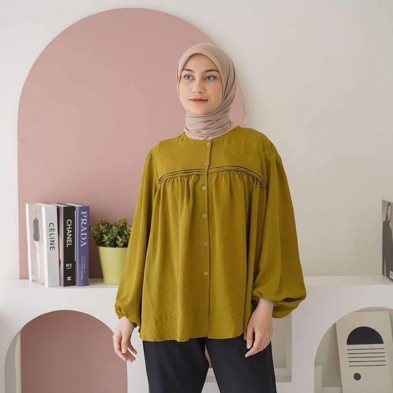 Kemeja Wanita Bahan Polo Linen HQ TAMI Blouse Atasan Wanita Full Kancing Lengan Panjang  Kerah Sanghai Allsize Fashion Remaja Dewasa Terbaru 2023