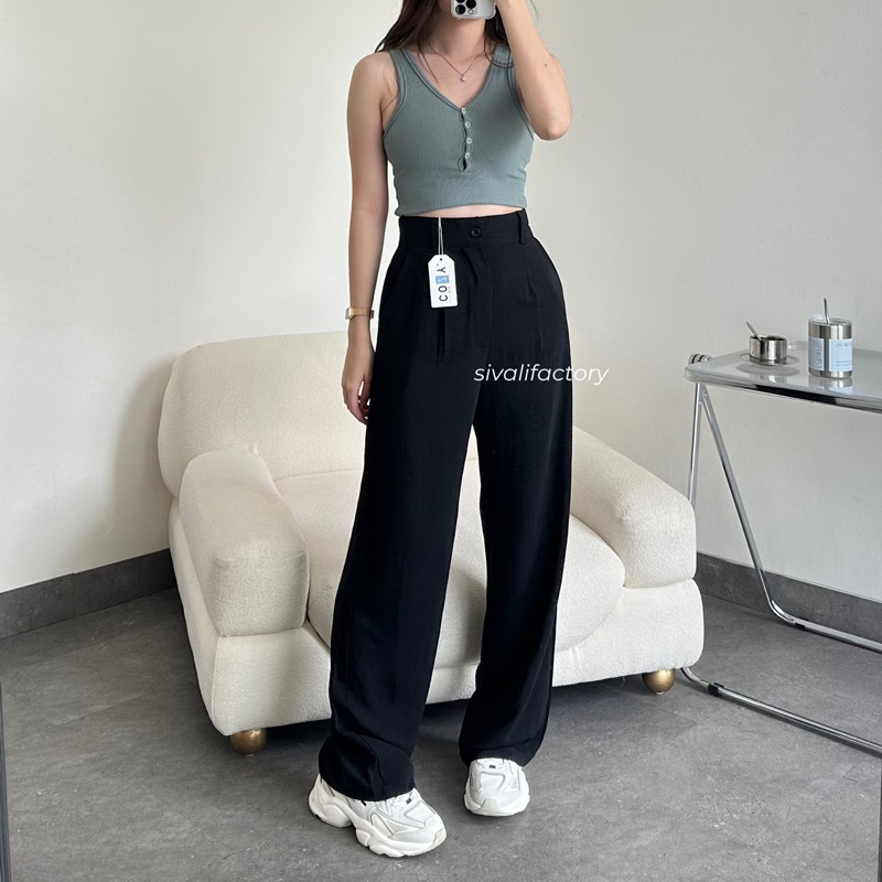 SIVALI Elodie Pants - Celana Kulot Highwaist Crinkle Loose Cullote Pants Petite Friendly Cozy Office Pants - Celana Wanita Kantor Casual 2023