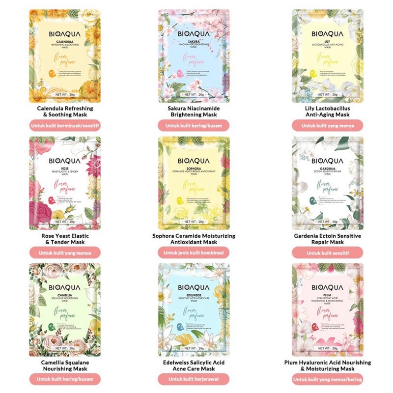 Bioaqua Sheet Mask Masker Wajah Flowers Series (28gr/pcs) Hydrating Essence Face Mask Brightening dan Anti Acne