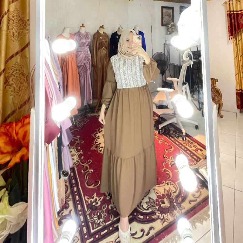 Vanya Dress Gamis Katun Crinkle Mix Brukat Busui