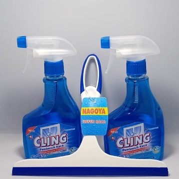 Cling Pembersih Kaca Botol Spray 440ML + Alat Karet Pembersih Kaca Pengering Lap Kaca Mobil Jendela 