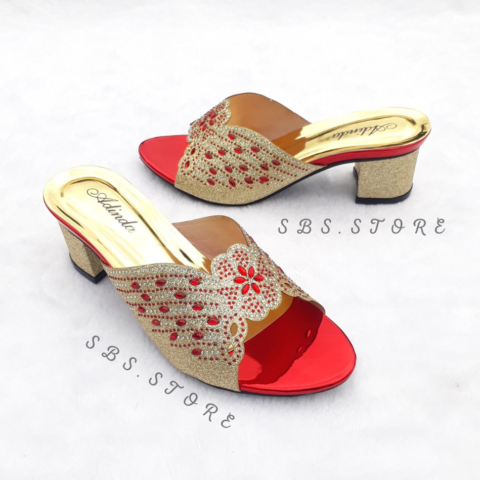 Sandal Wanita High Heels Pesta Mewah Motif Payet 05 Terbaru/Sendal Selop Wedges Hak Tahu 5cm Kekinian/Kondangan Pernikahan Pengantin