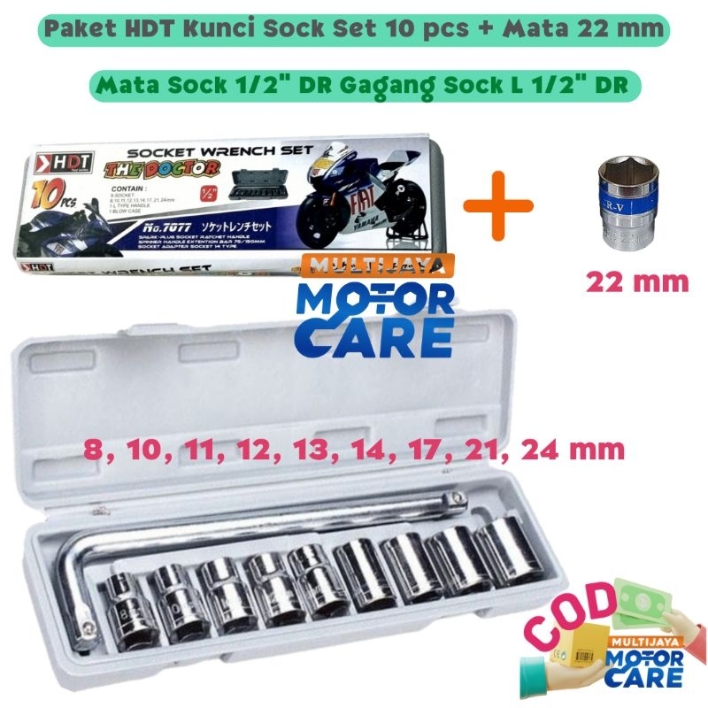 Socket Wrench Set Kunci Shock Sok Set 10 Pcs  Motor Mobil Gagang 1/2 Inch Mata Shock 8 10 11 12 13 14 17 19 21 22 24 mm