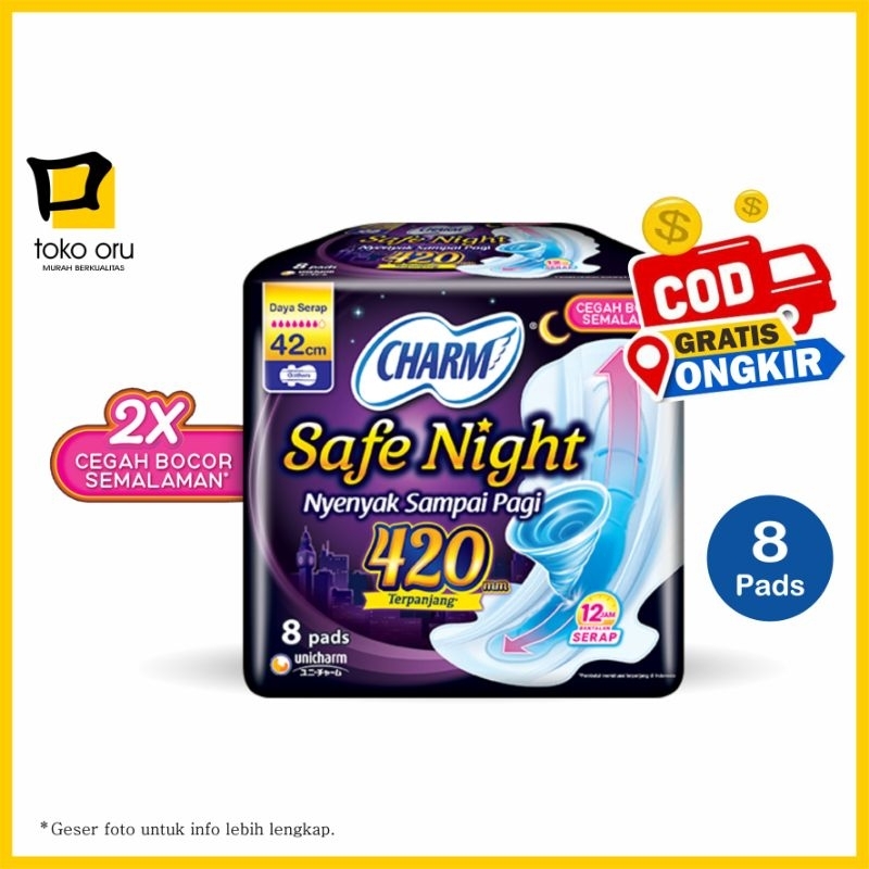 Charm Safe Night Wing Gathers 42 cm isi 8 pads Pembalut Wanita