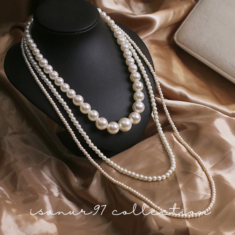 Tiffany Kalung Mutiara Tumpuk 3 Kalung Mutiara Kondangan Necklace Pearl Kalung Double Layer Mewah Korean Style