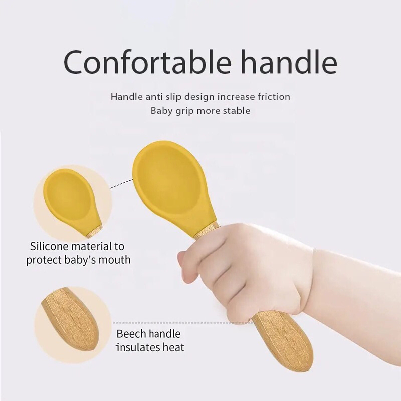 Set Sendok Garpu Bahan Silicone Premium BPA FREE dan FOOD GRADE gagang Kayu Set sendok Garpu Lucu Sendok Garpu MPASI Bayi Bahan Karet