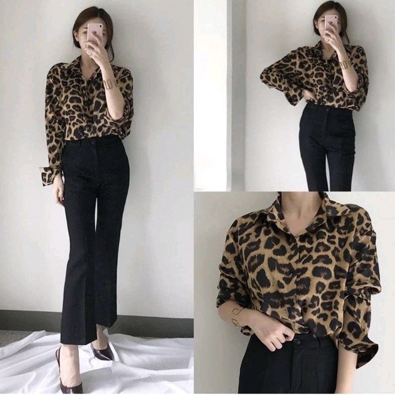 blouse oversize leopard / kemeja wanita / kemeja leopard brow