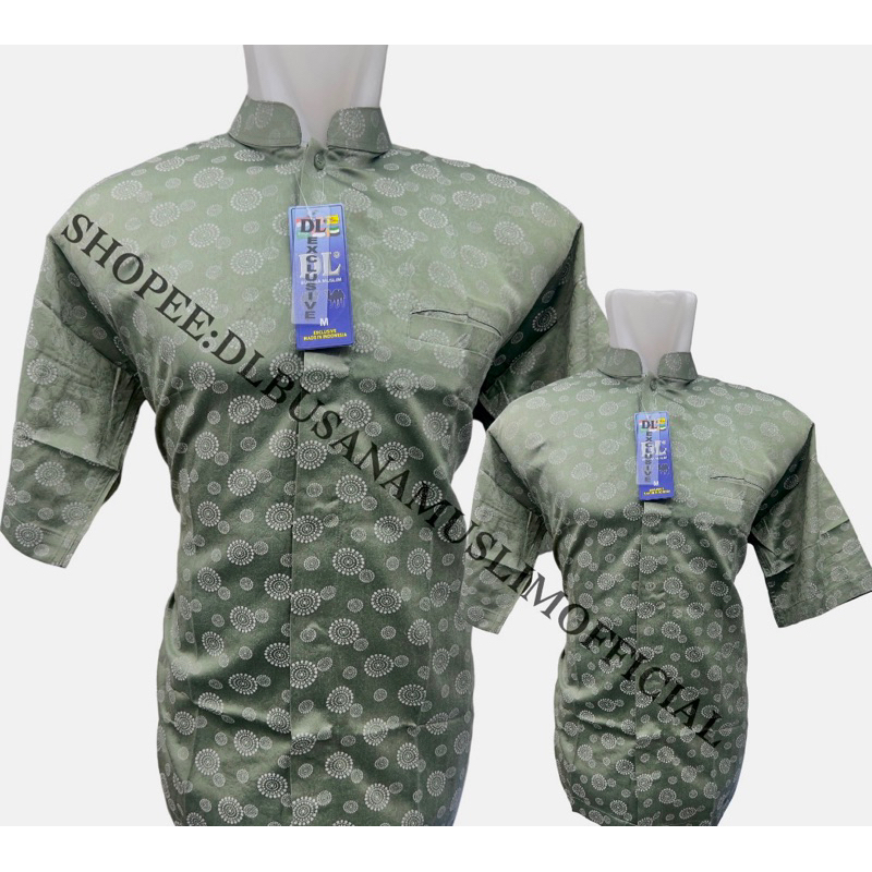 Baju Muslim Pria Lengan Pendek Warna Hijau Army Motif Matahari, Baju Koko Pria, Baju Muslim DL,Baju 