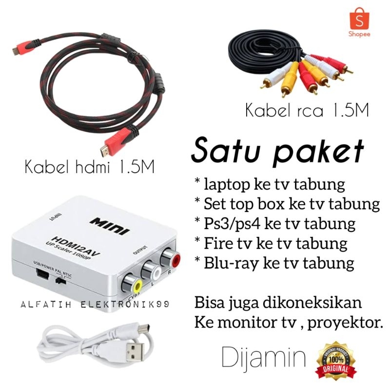 PAKET PENGHUBUNG LAPTOP KE TV TABUNG / CONVERTER HDMI TO RCA + KABEL HDMI + KABEL RCA 3IN3 1.5 METER