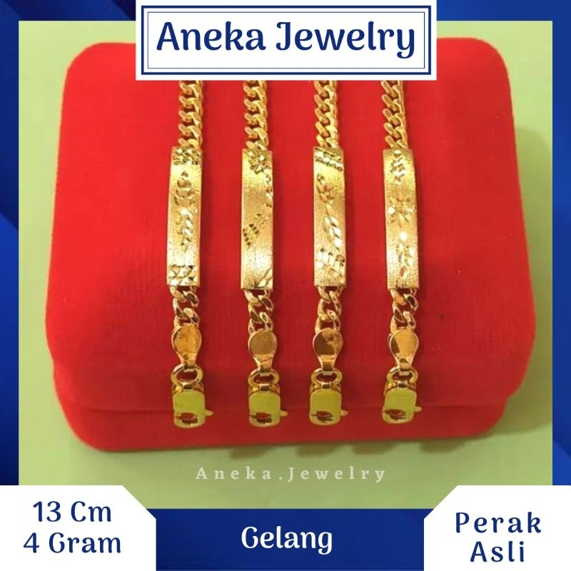 Gelang Anak Plat Ukir Doff, Sepuh Emas Kuning, Perak 925