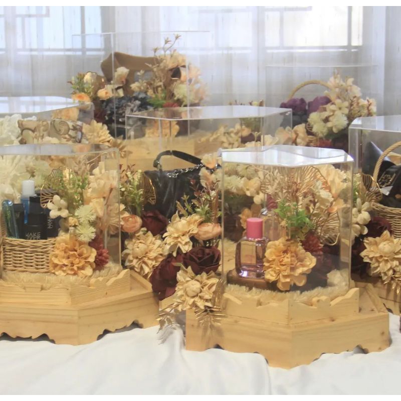 KOTAK BAKI BOX SESERAHAN RUSTIC HEXAGONAL MOTIF LOVE KAKI TUTUP AKRILIK