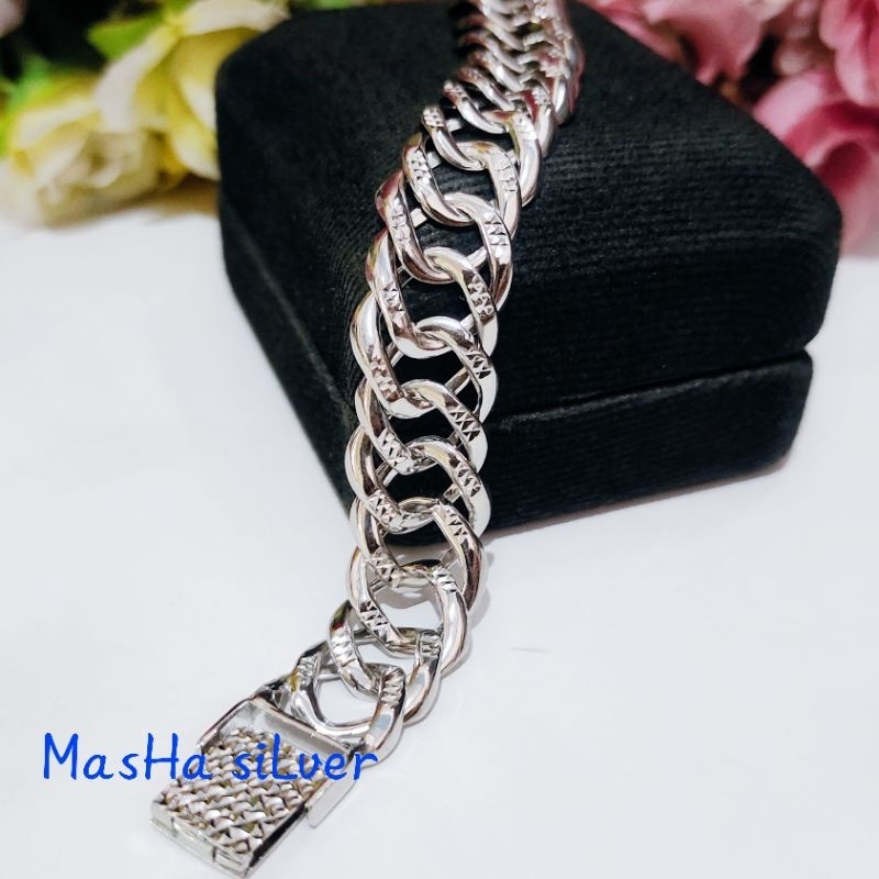 GELANG PERAK SISIK NAGA UKIR PRIA WANITA ASLI SILVER 925 LAPIS MAS PUTIH-GT RANTAI