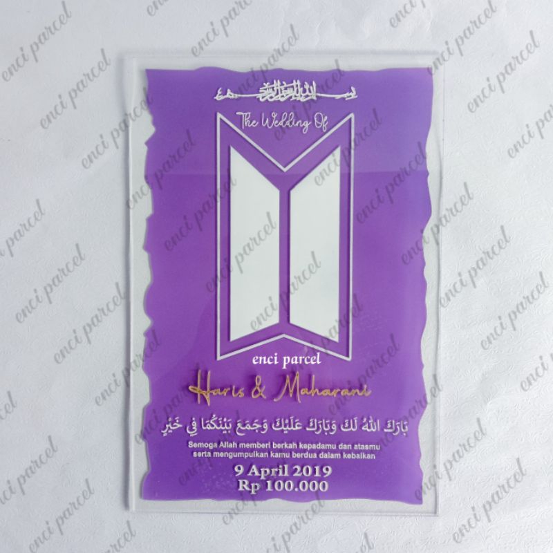 akrilik brush kotak model sobekan kertas logo BTS 1set nama tanggal dan Rp nominal mahar