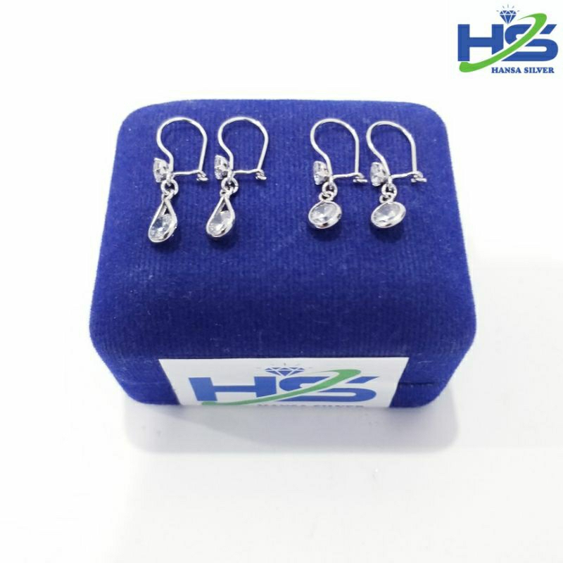Anting Perak Wanita Silver Asli 925 Lapis Emas Putih Model Agogo Batu Putih Lonjong Dan Bulat - Anting Wanita Anti Karat
