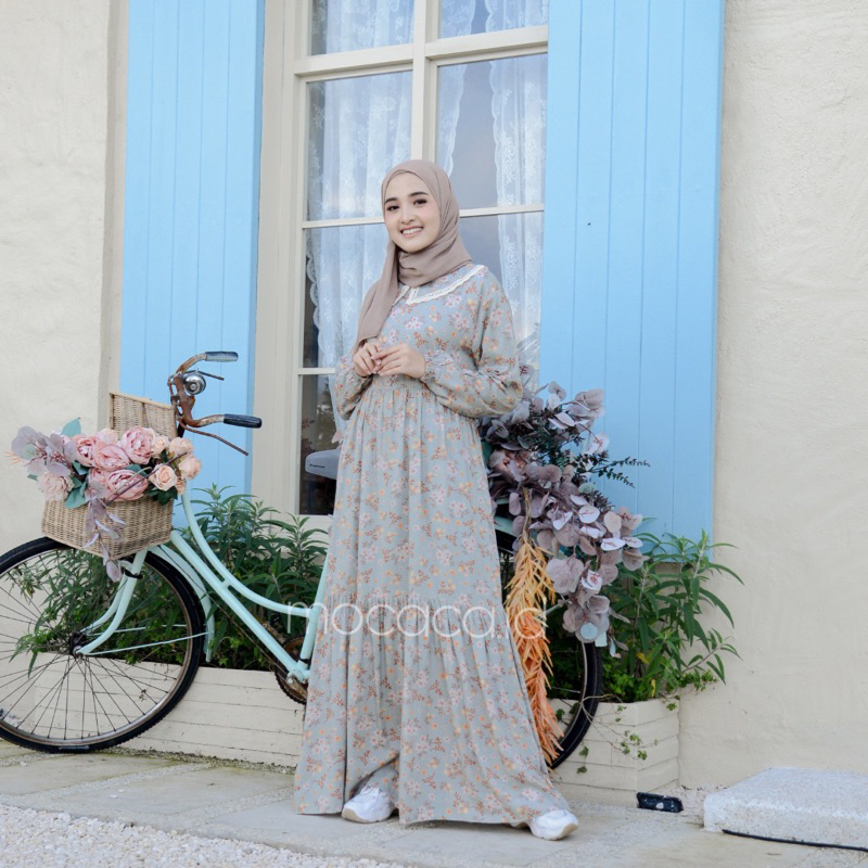 Gamis rumahan renda depan busui rayon premium - motif shabby green pastel