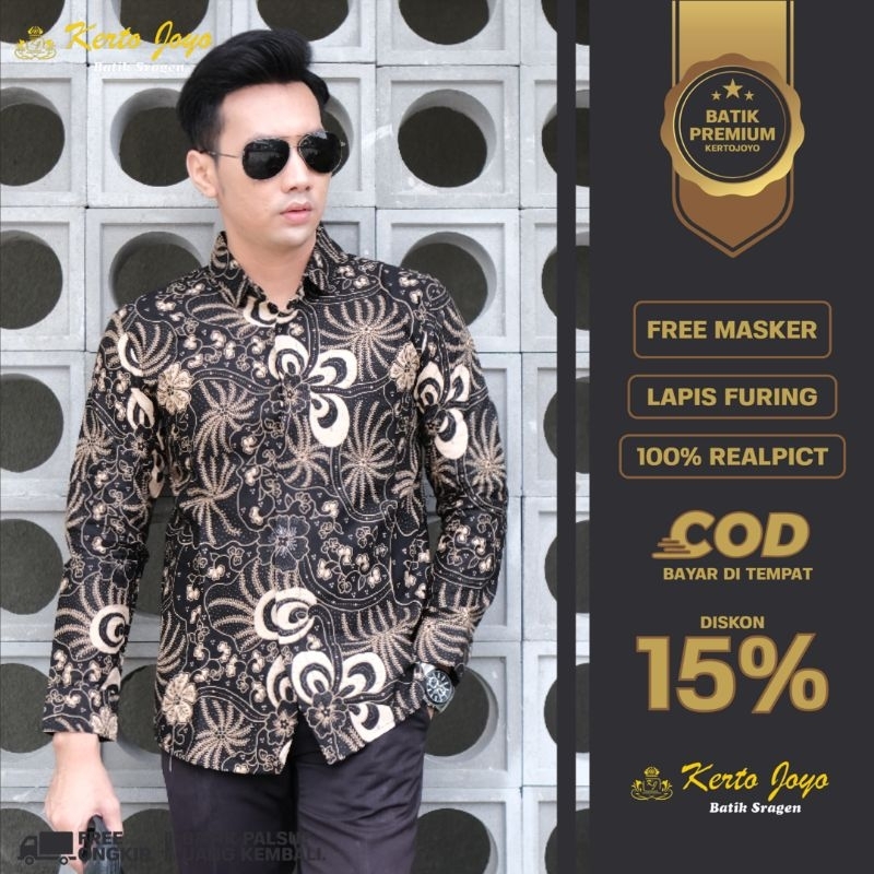 Baju Batik Cowok Laki Laki Terbaru Premium Lengan panjang hitam kombinasi brand resmi kertojoyo baju batik pria exklusif