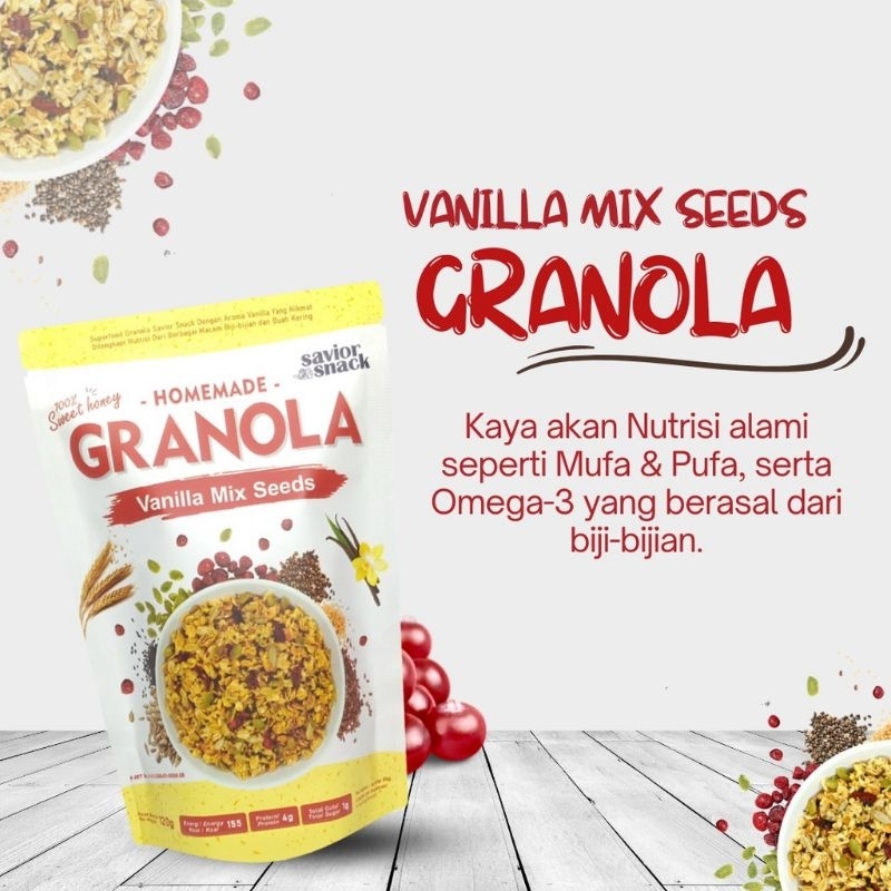 GRANOLA VANILA MIX SEEDS 120g - CEMILAN MAKANAN SEHAT SARAPAN BERGIZI TINGGI NUTRISI BAHAN ORGANIK ALAMI TANPA PENGAWET - HIGH QUALITY - SAVIOR SNACK - GRANOLA  SWEET HONEY