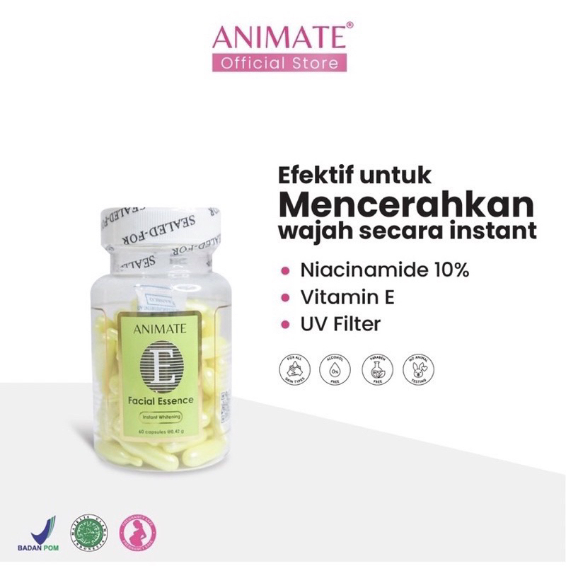 【Official Outlet】ANIMATE - Facial Essence Serum Wajah Mengandung Vitamin E Niacinamide isi 60 Kapsul | Serum Wajah Pencerah Kulit Kusam Kering Extra Melembabkan Menyamarkan Keriput Noda Hitam Flek Bekas Jerawat Halal Original Viral BPOM