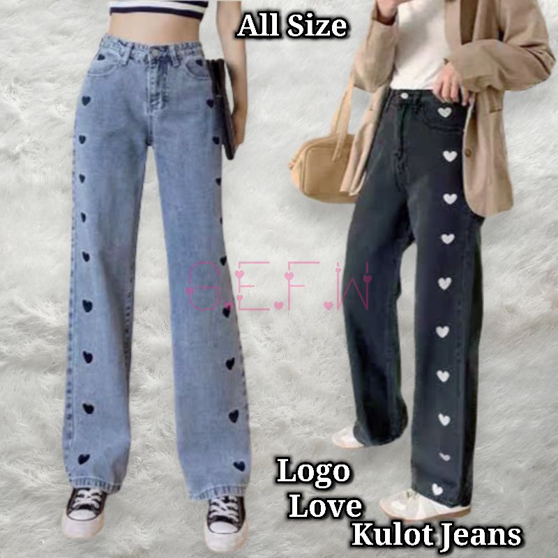 Celana Kulot Jeans Love High Waist Model Korea Atau Korean Style Pinggang Kancing Bagian Belakang Karet All Size Fit L Standar Dari Bb 40kg sampai Bb 60kg / Kulot Levis Panjang Wanita Motif Print Logo Hati Ada Warna Hitam Snow  Dan Warna Biru Snow