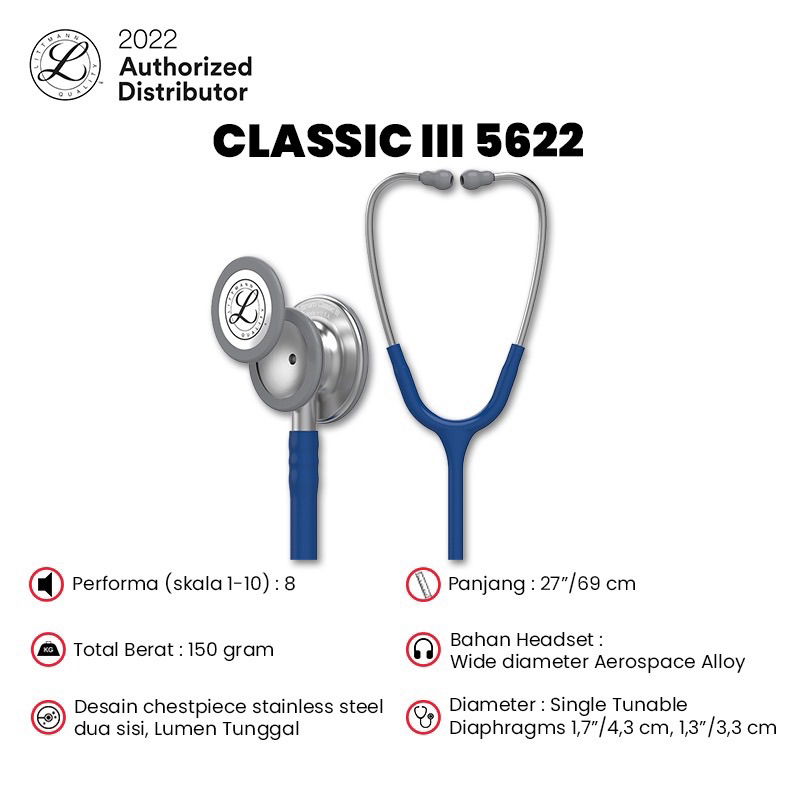 3M Littmann Classic III Stethoscope / Stetoskop Dewasa - NAVY BLUE - 5622