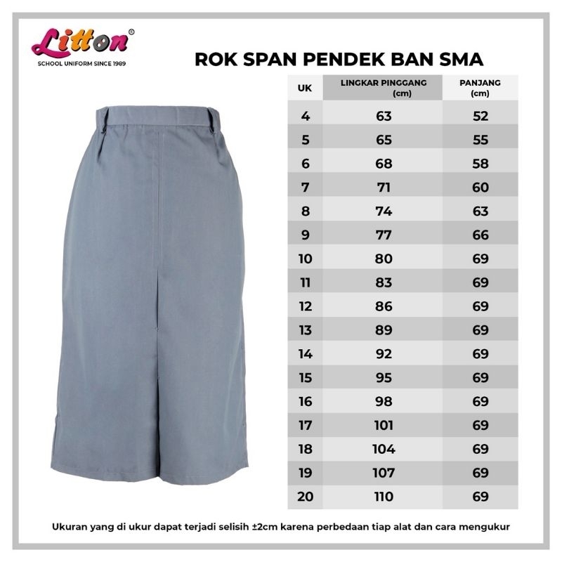 Rok seragam SMP SMA span Pendek Ban saku biru abu putih LITTON uk 13 - 20