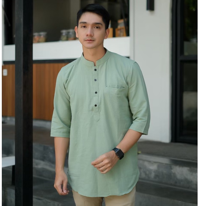 Baju koko kurta pria dewasa lengan 3/4 bahan linen premium original warna sage mint putih kuning mus