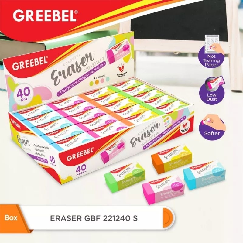 

ERASER GREEBEL WARNA /STIP GREEBEL WARNA (1KTK ISI 40 BUAH)