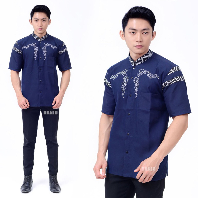 Baju Koko Pria Bordir Warna Biru Navy Ukuran M L XL