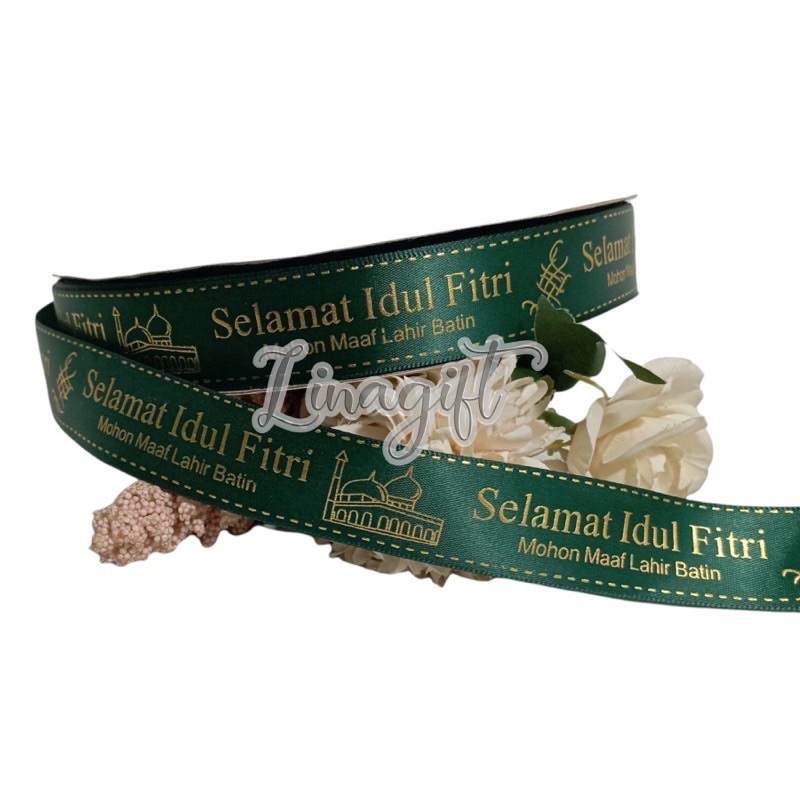 ( Rol 20 Yard ) PITA SATIN GLITTER SELAMAT IDUL FITRI LEBARAN EID MUBARAK -  GIFT RIBBON 0.5 INCH 2.5 CM / 1/2 INCH / 1.5 IN - HIASAN PARCEL / SOUVENIR / HAMPERS - DEKORASI RUANGAN / RANGKAIAN KARANGAN BUKET BUNGA