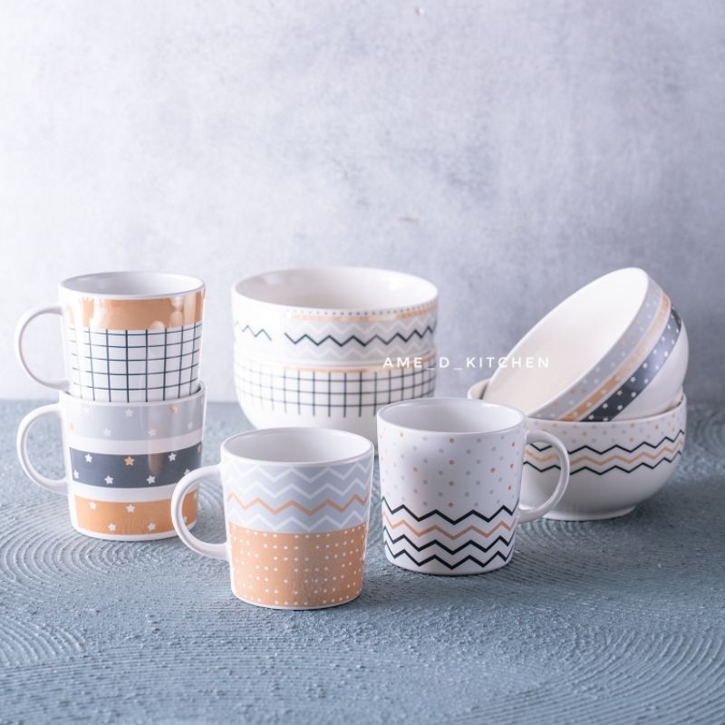 Mangkok + mug keramik set isi 2 minimalis hitam putih gold