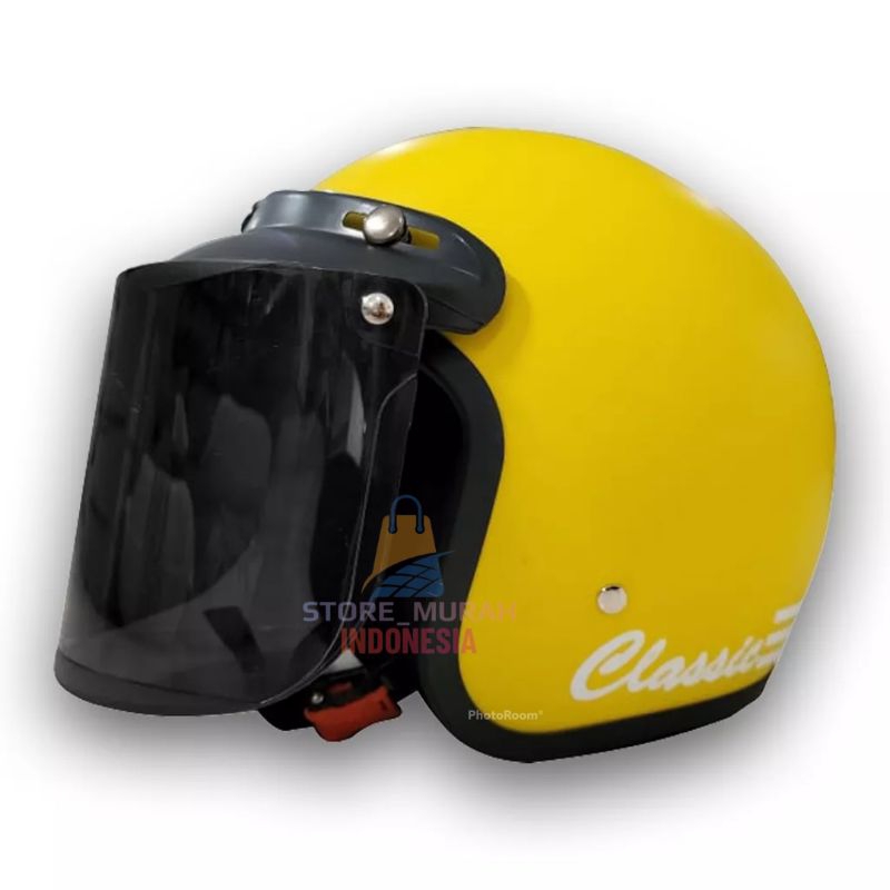 [ COD ] HELM BOGO CLASSIK GARIS TIGA KACA DATAR/CEMBUNG PACKING FREE BOX-KUNING DOPP